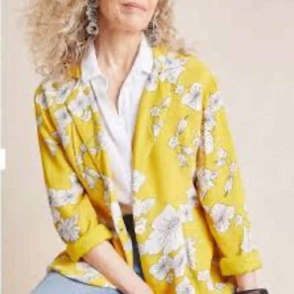 Cleobella Anthropologie Yellow Floral Viscose Blouse Button Front Women’s Size S - Picture 2 of 10